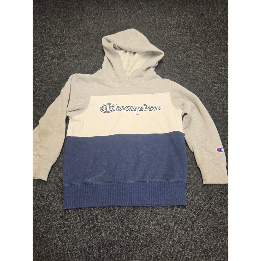 Champion Kids Hoodie Size 6 Tri-Color Block Grey White Navy Blue Pullover Script